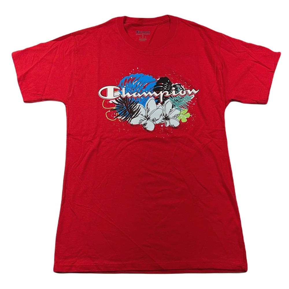 Champion Floral Outlines Logo Graphic T-Shirt Mens Medium Scarlet‎ Red NEW